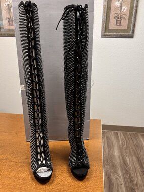 JLO Jennifer Lopez Rhinestone Thigh High Boots Lace-Up Open Toe 5" Heels Platfor